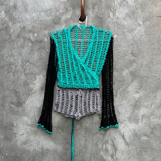 Mesh Crochet Two Piece Bell sleeves Wrap Top and Shorts Festival Outfit by Garust