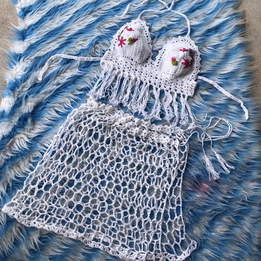 Bikini Cover Up Set Crochet Fringe Embroidered Bra and Mesh Sarong Skirt Festival Crochet outfit for Women’s by Garust