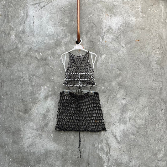 Black 2 piece Outfit Fishnet Top and Fitted Mini Skirt Festival Wear by Garust