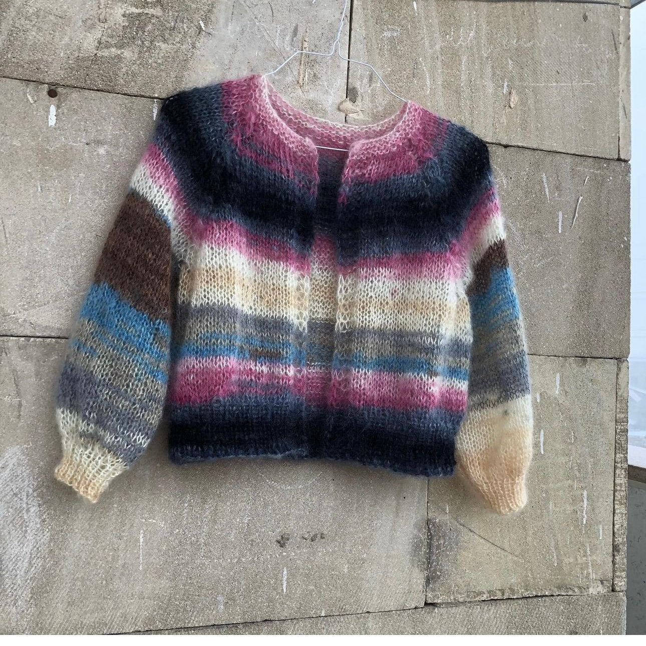 Mohair colorful cropped fuzzy cardigan Multi color open front cable knit raglan cardigan woman Abstract Boho Warm gift for women Christmas