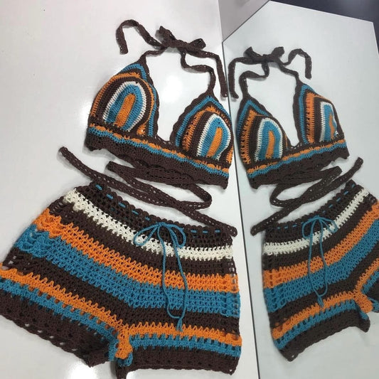 Striped Mini Shorts and Bra Top Crochet Festival Wear Two Piece Set by Garust