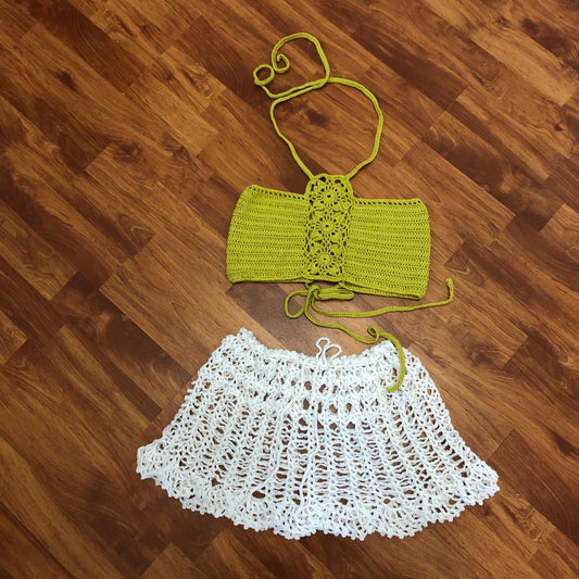 Festival Skirt Two Piece Set Outfit Mesh Mini Skirt and Halter Crop Top by Garust