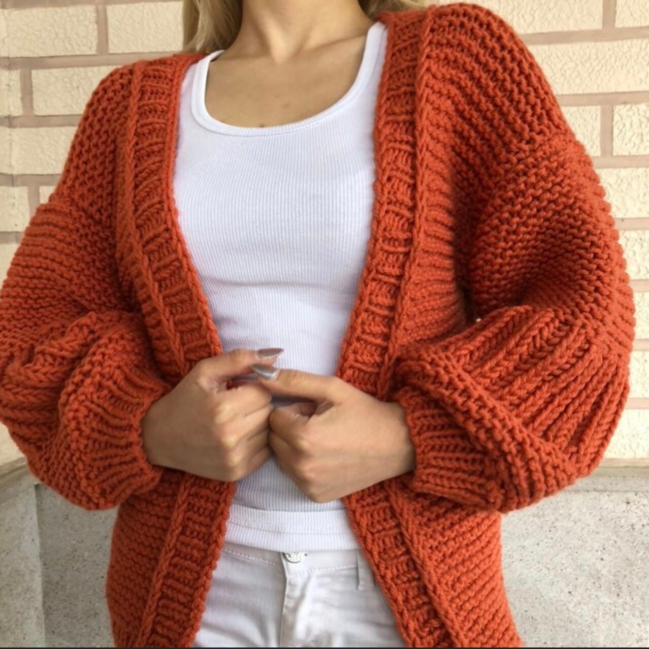 Chunky knit ripped cardigan Thick open front puff sleeves cardigan woman Wide sleeve cropped sweater cardigan Wool knit cardigan gift her