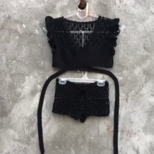 Black Ruffle Wrap Top and Shorts Fishnet Two Piece Outfit by Garust
