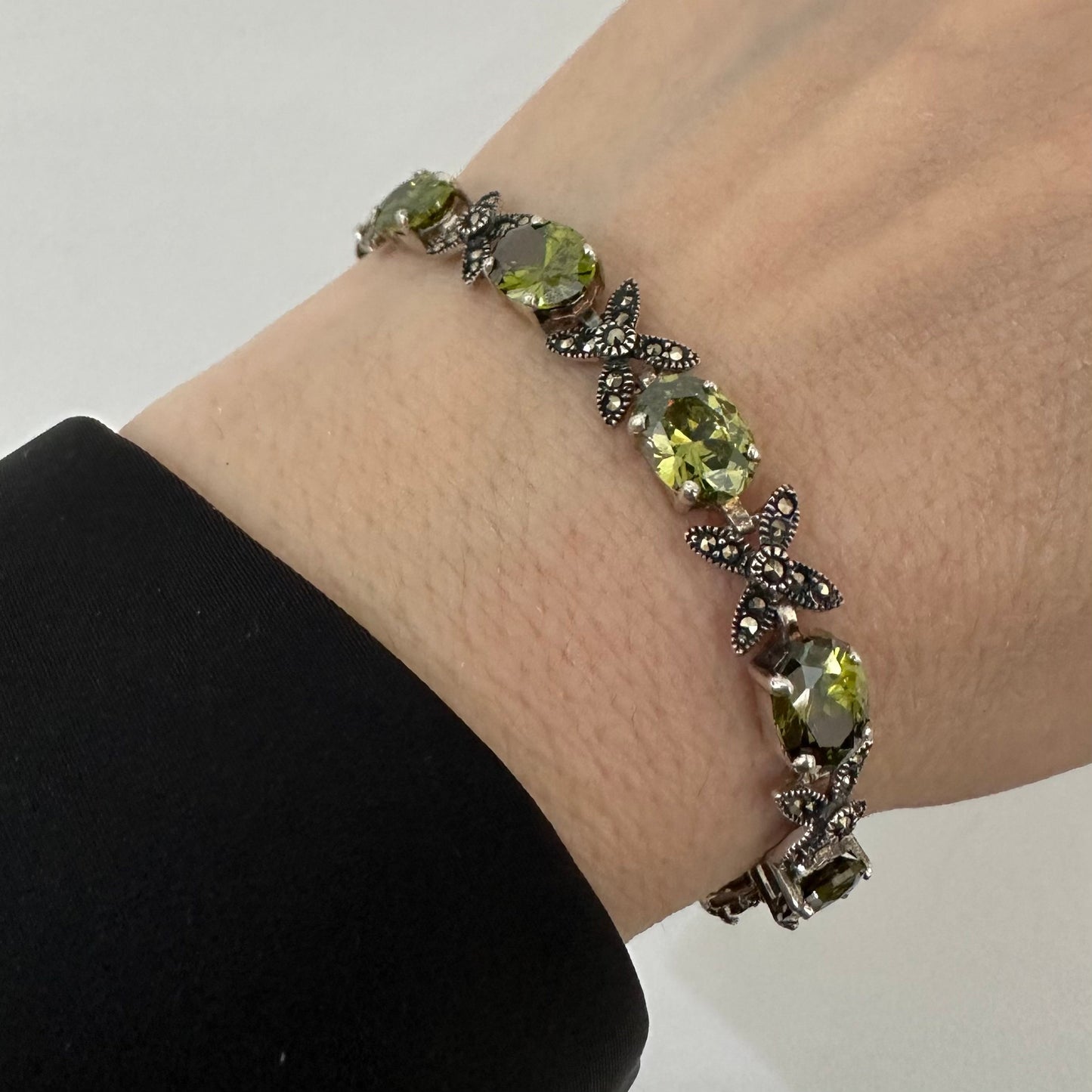 Marcasite Link Bracelet Green CZ Sterling Silver Jewelry for Women’s by Garust