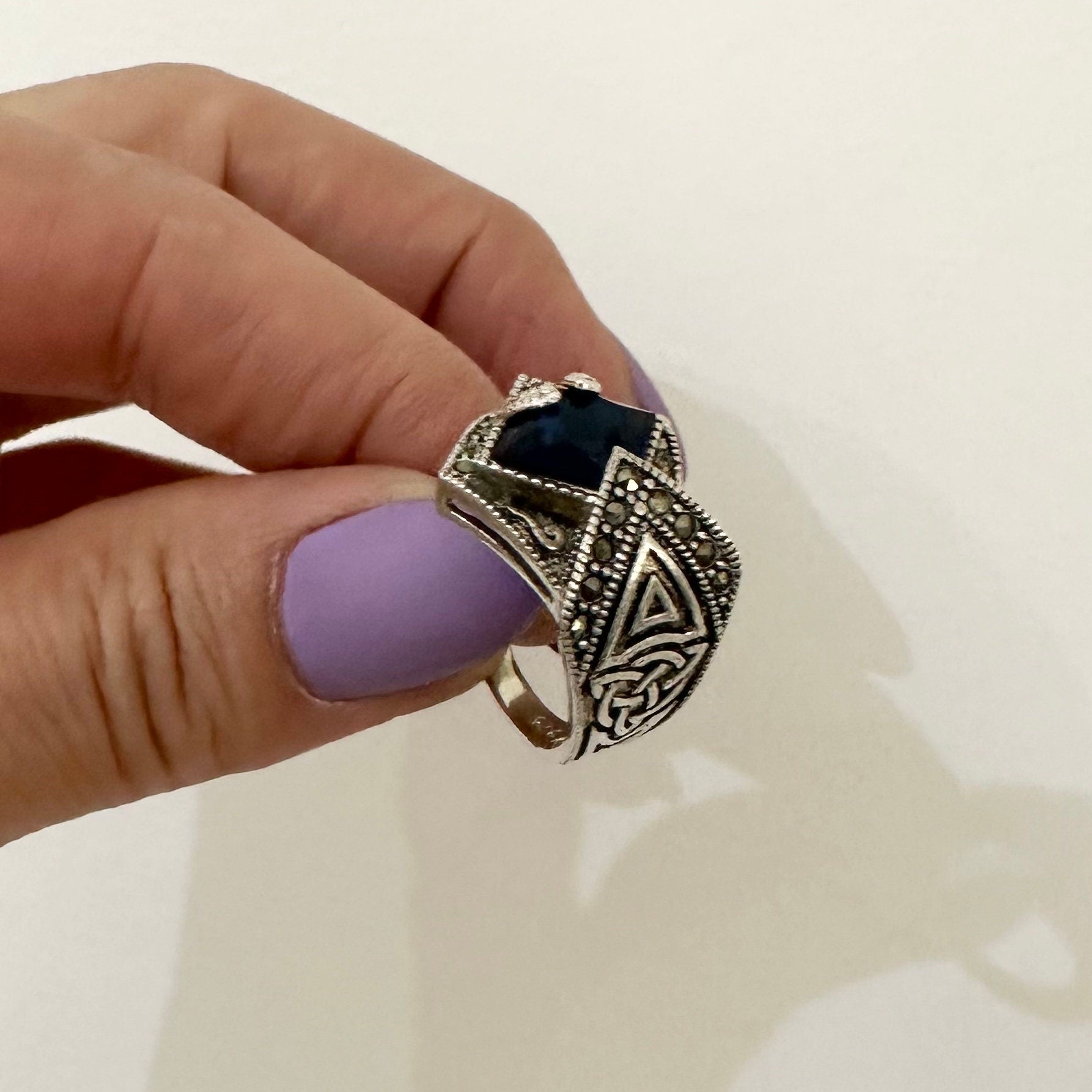 Art Deco Silver Marcasite Ring Deep CZ Ring by Garust