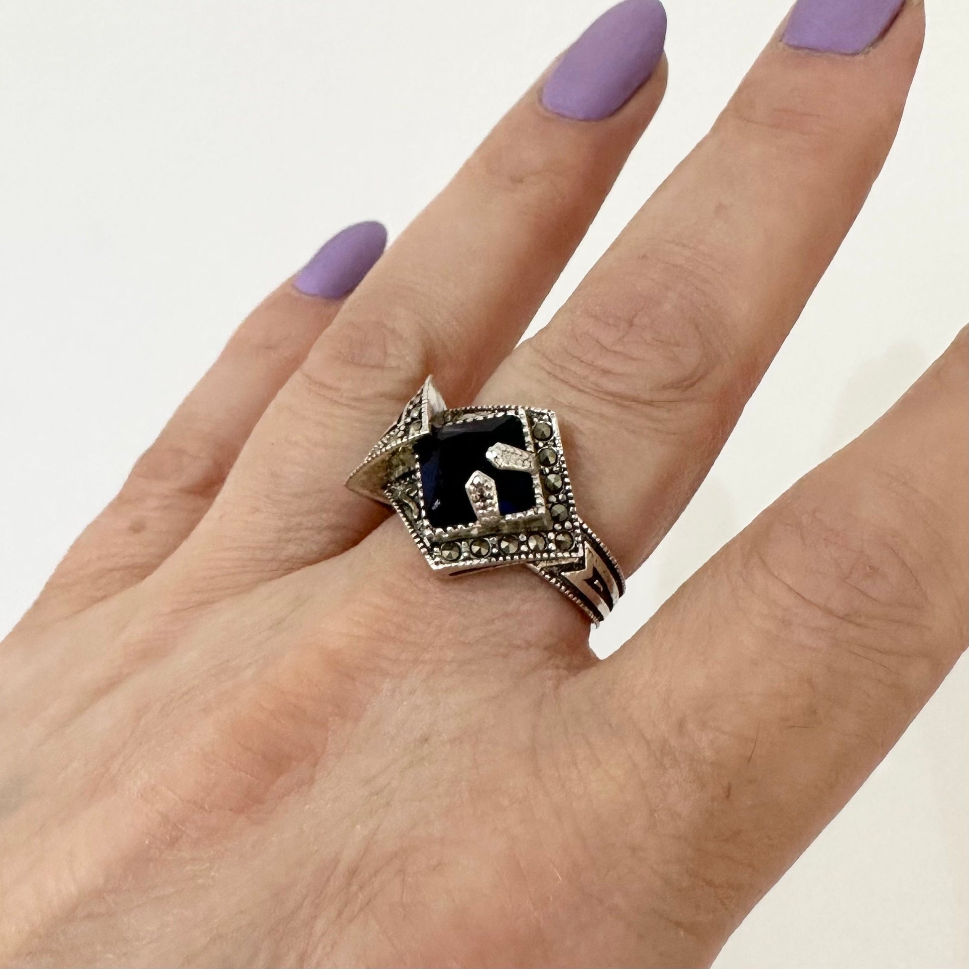 Art Deco Silver Marcasite Ring Blue CZ Ring by Garust