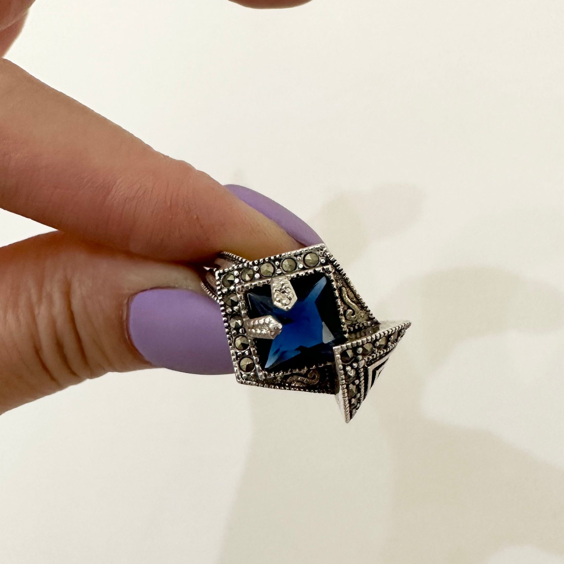 Art Deco Marcasite Ring Deep Blue CZ Ring by Garust