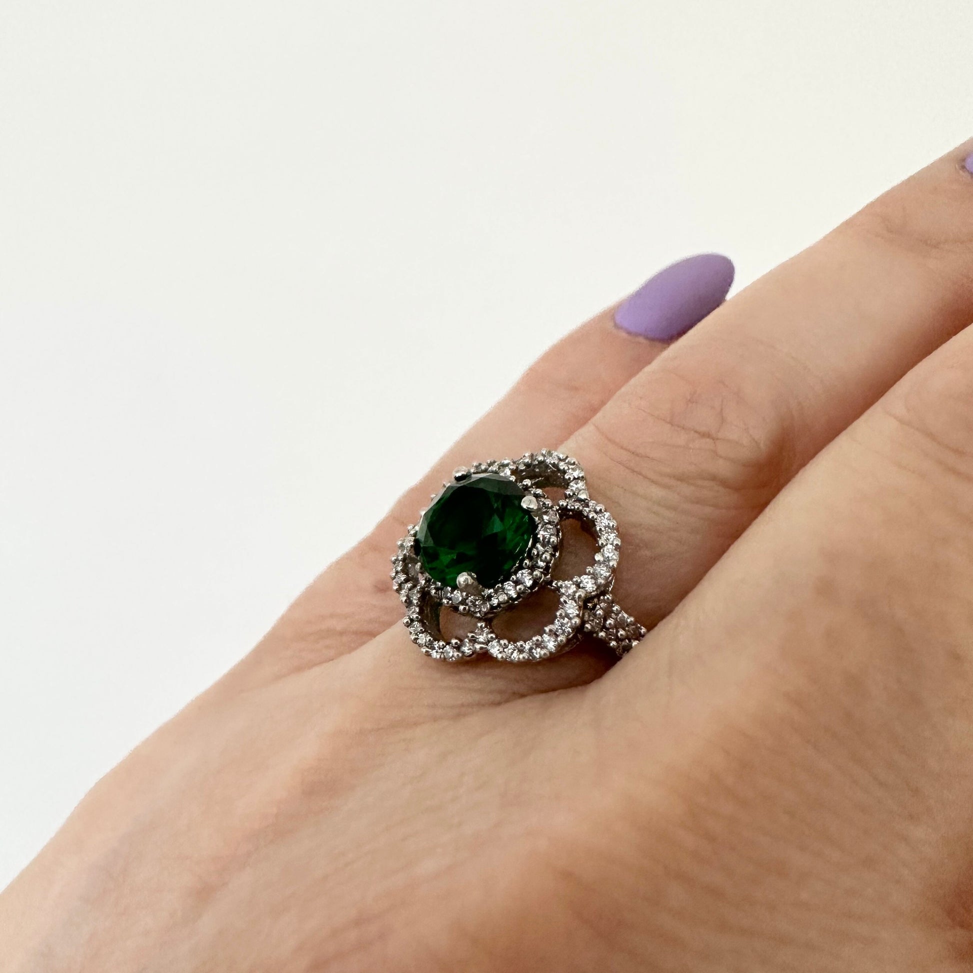 Green CZ Sterling Silver Flower Ring by Garust