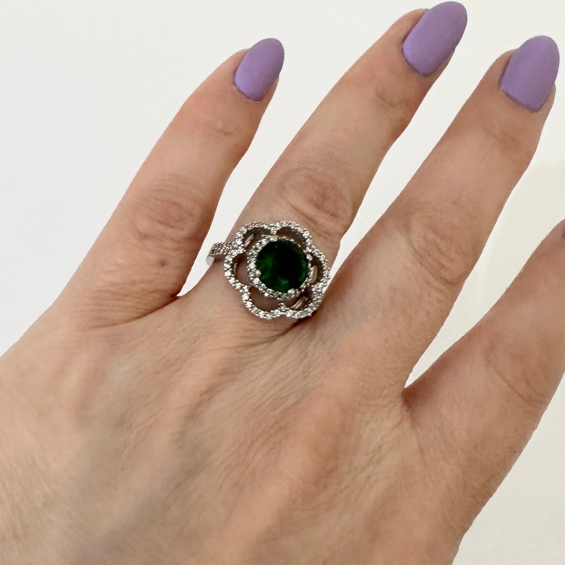 Green Silver Flower Ring for Women by Garust