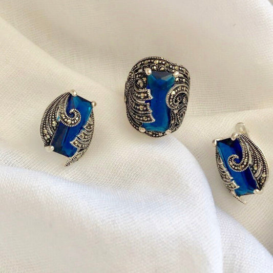 CZ Marcasite Jewelry Statement Earrings and Ring Set Armenian Sterling Silver Art Deco Sparkling Jewelry Set Women Evening Formal Jewelry