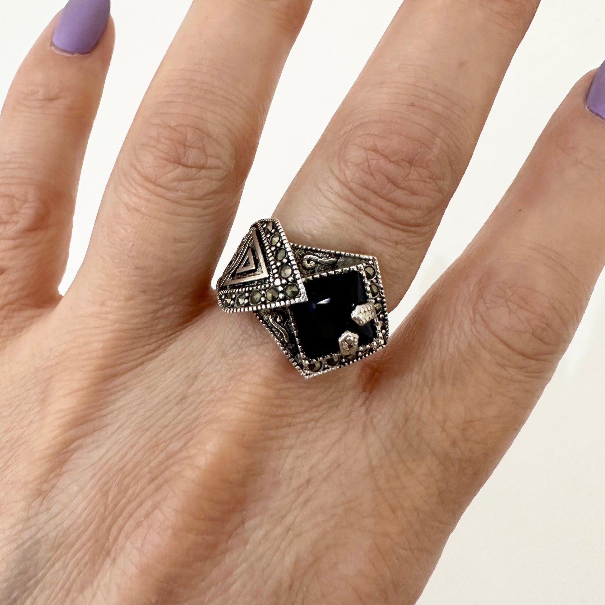 Art Deco Silver Marcasite Ring Deep Blue CZ Ring by Garust