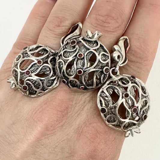Armenian pomegranate jewelry Sterling Silver pomegranate earrings Boho statement ring Chunky jewelry set Lace overhead detail Ethnic fruit