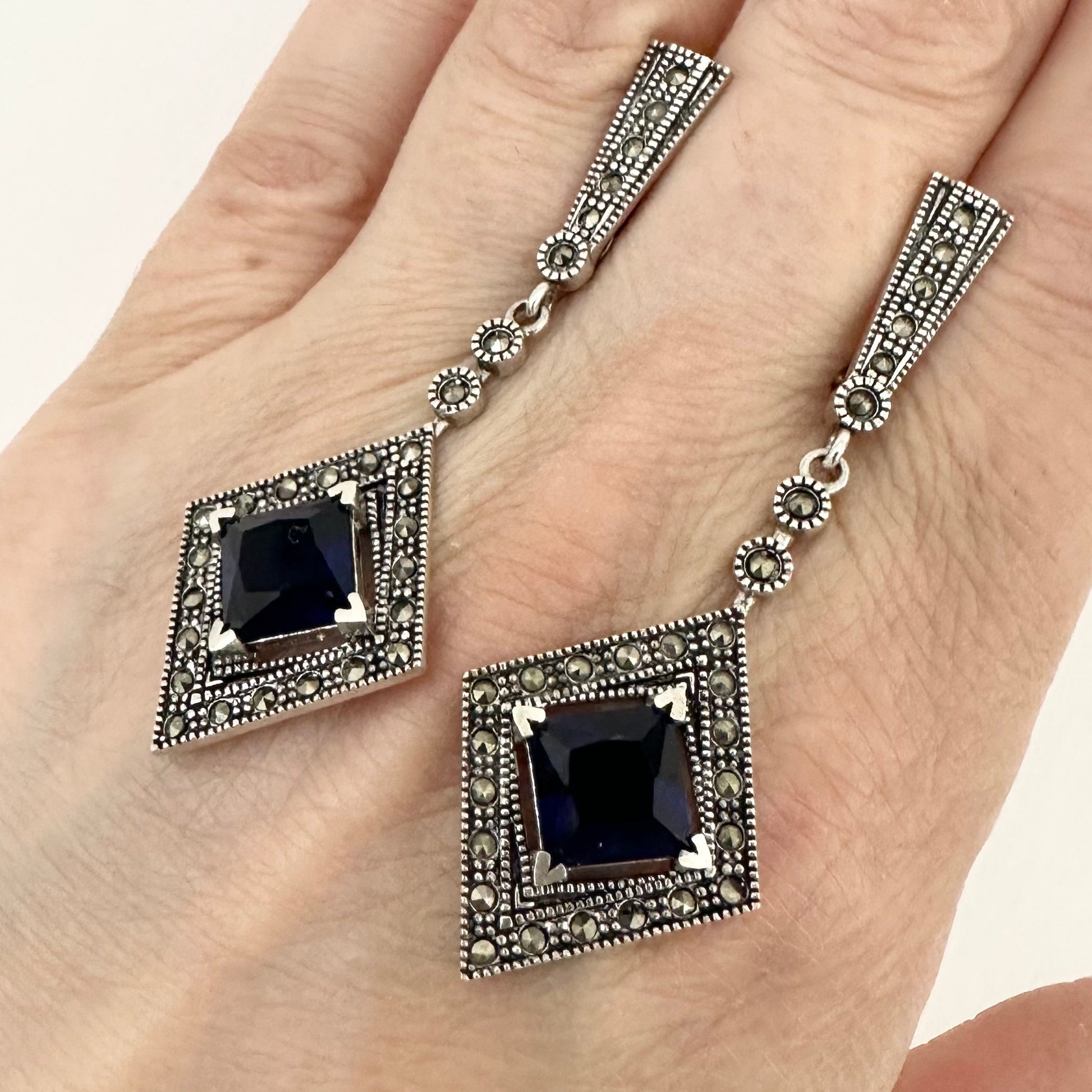 Blue Long Marcasite Earrings Silver by Garust