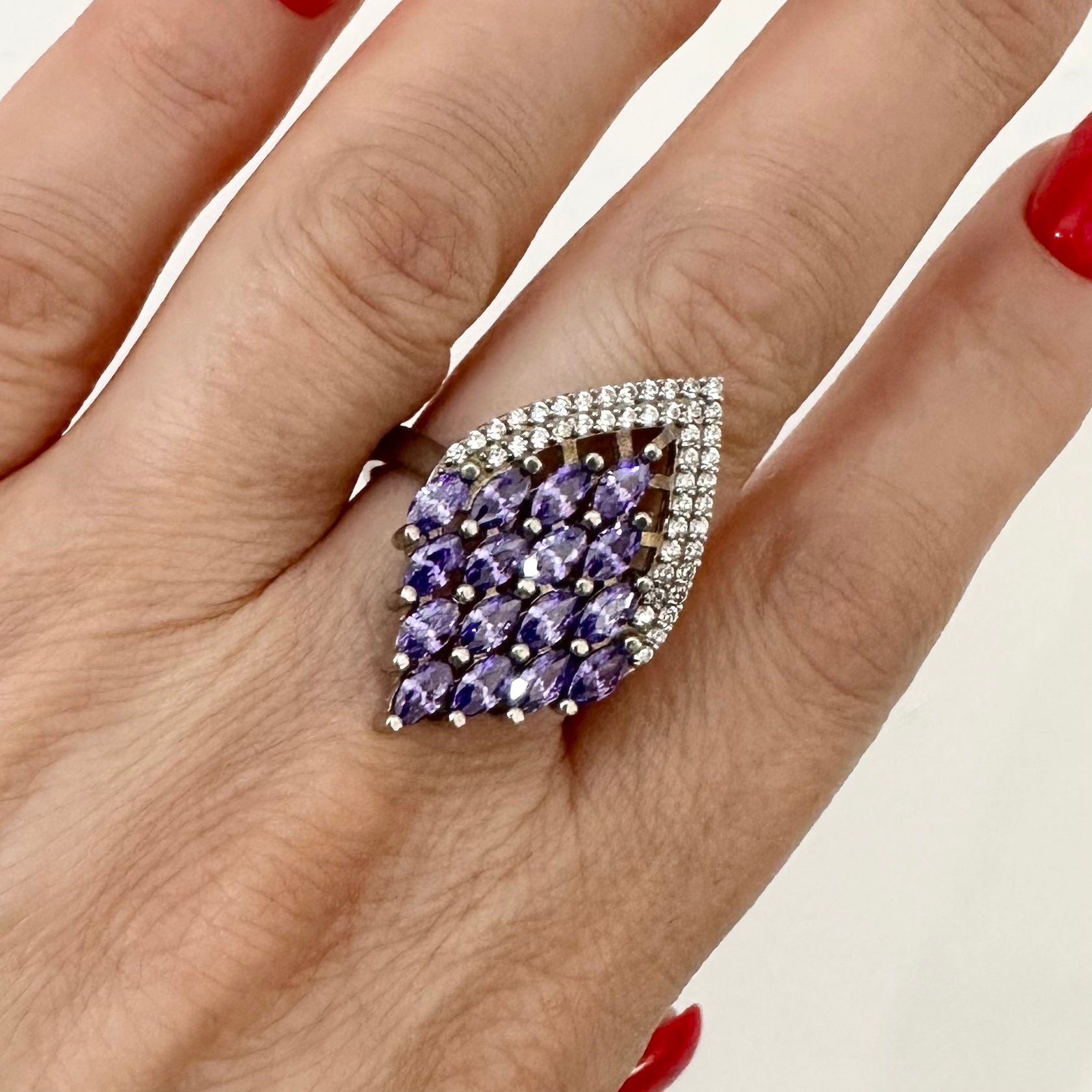Silver CZ Purple Cluster Ring by Garust