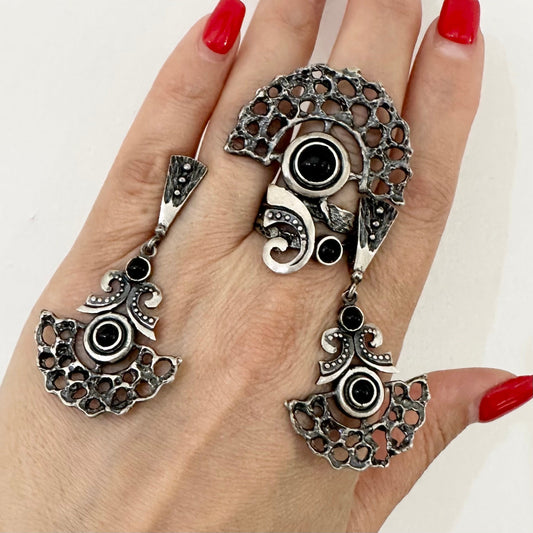 Extra Large Sterling Silver Long Drop Earrings and Ring Set Boho Big Chunky ring Bold Tribal Festival Jewelry Ethnic Fan Earrings Long Ring