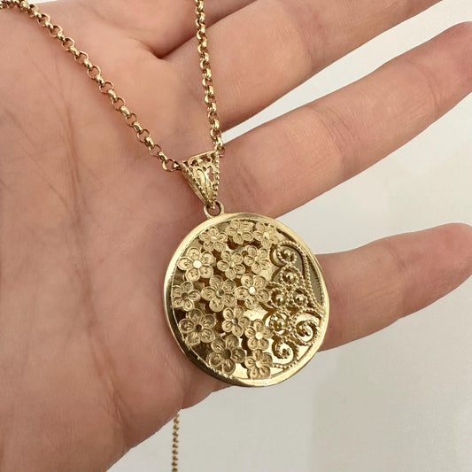 14k Gold Flowers Round Pendant Necklace Statement Jewelry by Garust