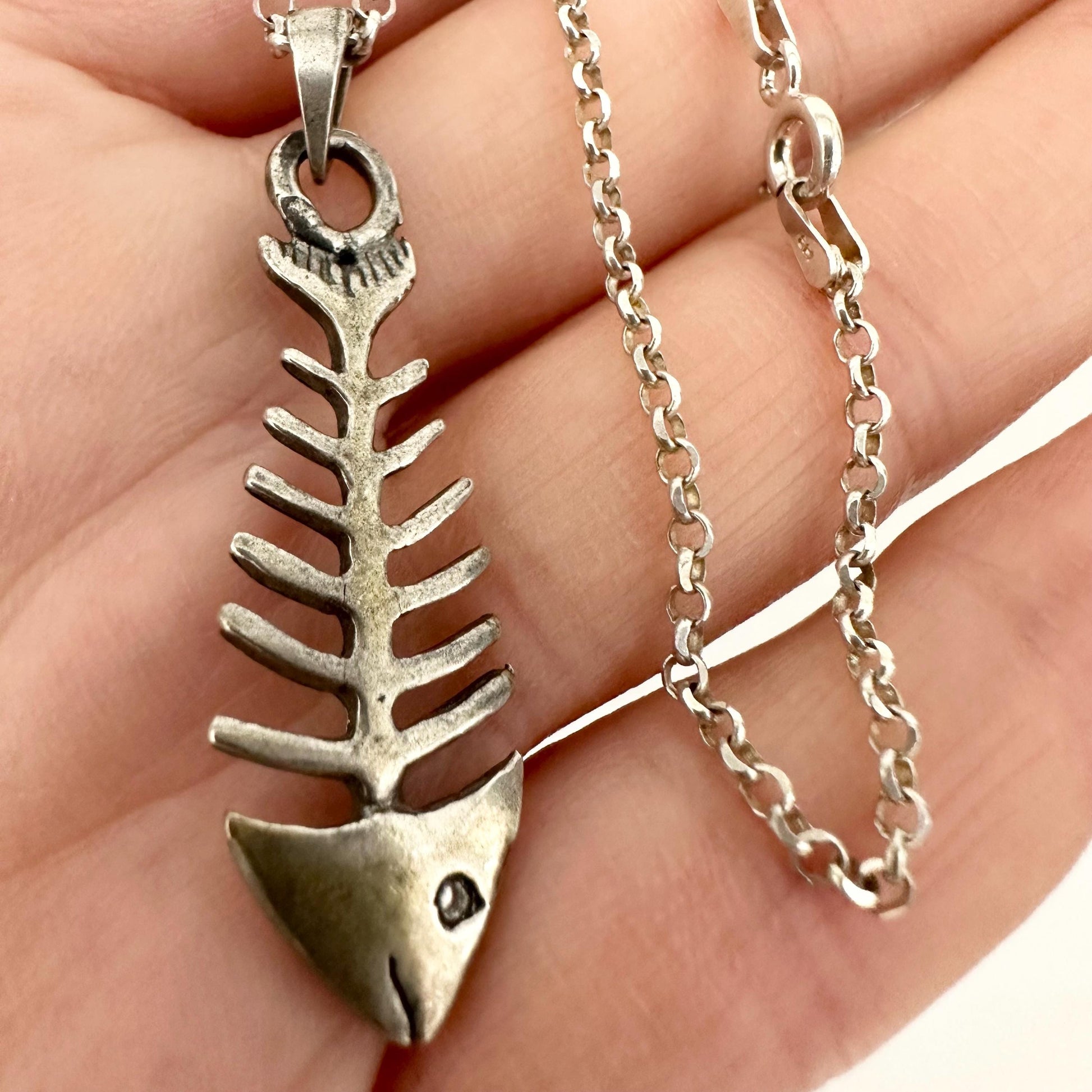 Sterling Silver Fish Skeleton Handmade Pendant Necklace by Garust