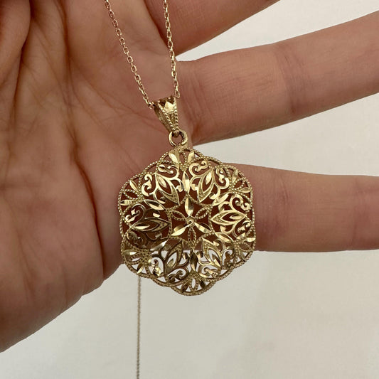 14k Solid Gold Medallion Pendant Necklace Large Hexagon Filigree Diamond Cut Statement Necklace by Garust