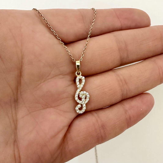 14k Gold CZ Treble Clef Pendant Necklace Women Musical jewelry by Garust