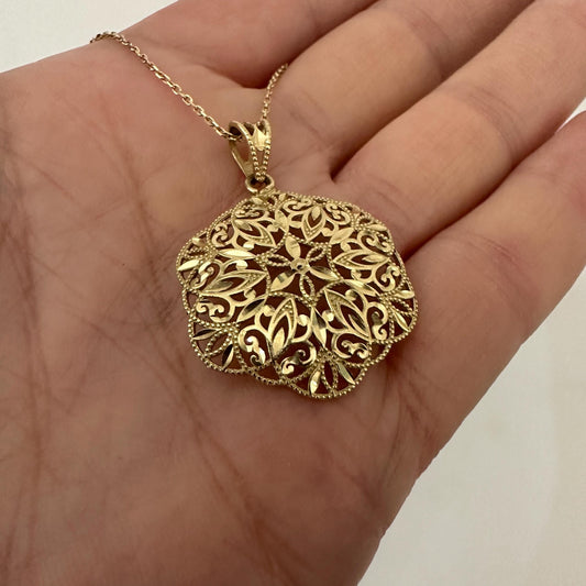 14k Solid Gold Medallion Pendant Necklace Filigree Diamond Cut Statement Necklace by Garust