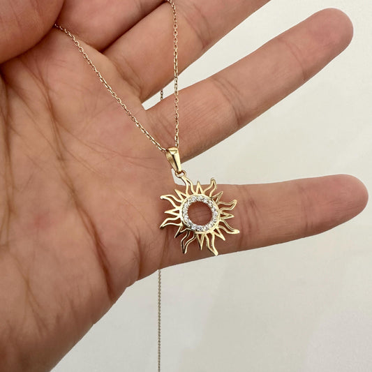 14k Solid Gold Sun Pendant Necklace CZ Cute Dainty Pendant on Chain Celestial jewelry by Garust