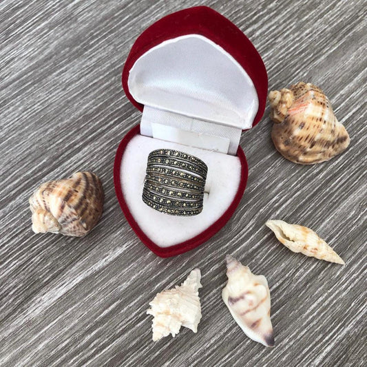 Wide Marcasite ring Sterling Silver chunky band ring Multiple tennis statement ring Large Boho silver ring Thick infinity ring gift women