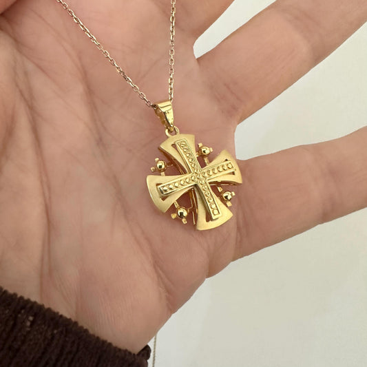 14k Solid Gold Iron Cross Jerusalem Religious Maltese Cross Pendant Necklace by Garust