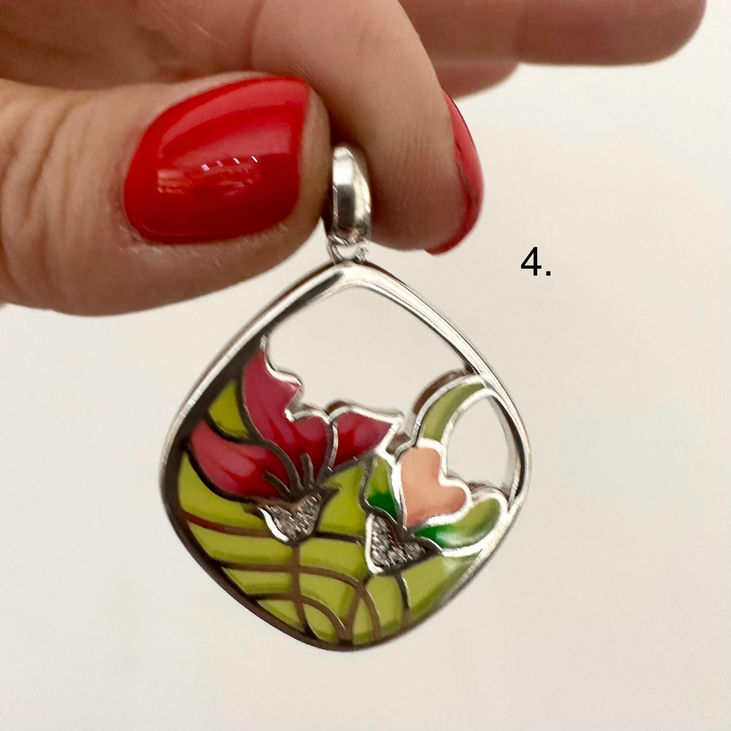 Sterling Silver Large Circle Pendant Necklace Colourful Enamel Floral Pendant Statement Multicolour Flower Jewelry Handmade gift Woman