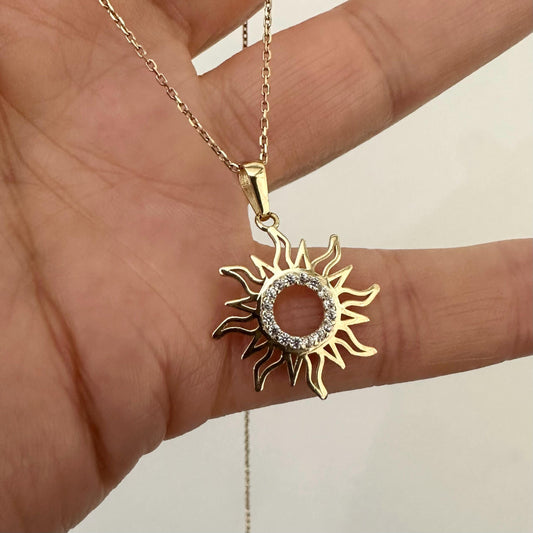 14k Solid Gold Sun Pendant Necklace CZ Cute Pendant on Chain Celestial jewelry by Garust
