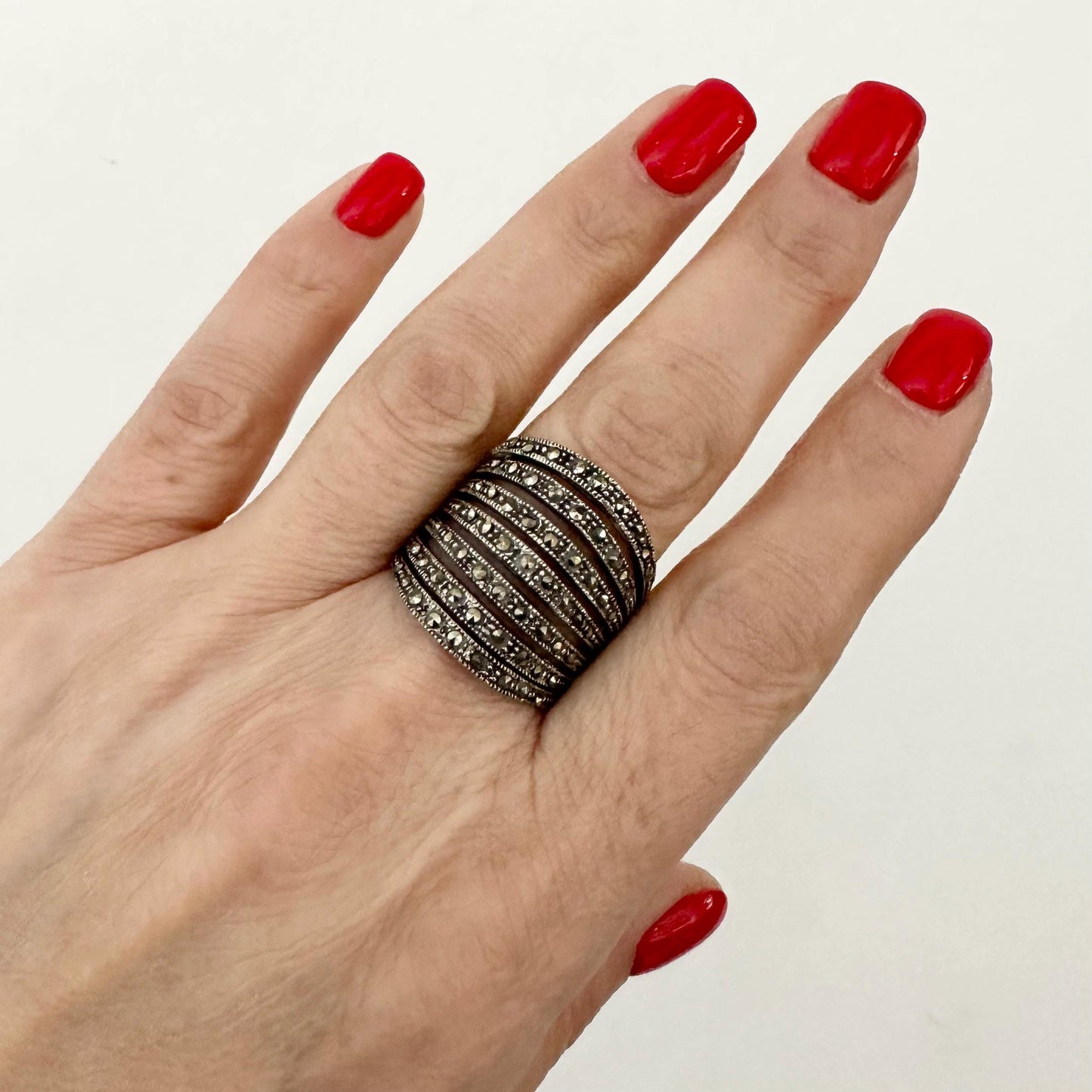 Wide Marcasite Ring Sterling Silver Tennis Statement Ring for Women by Garust