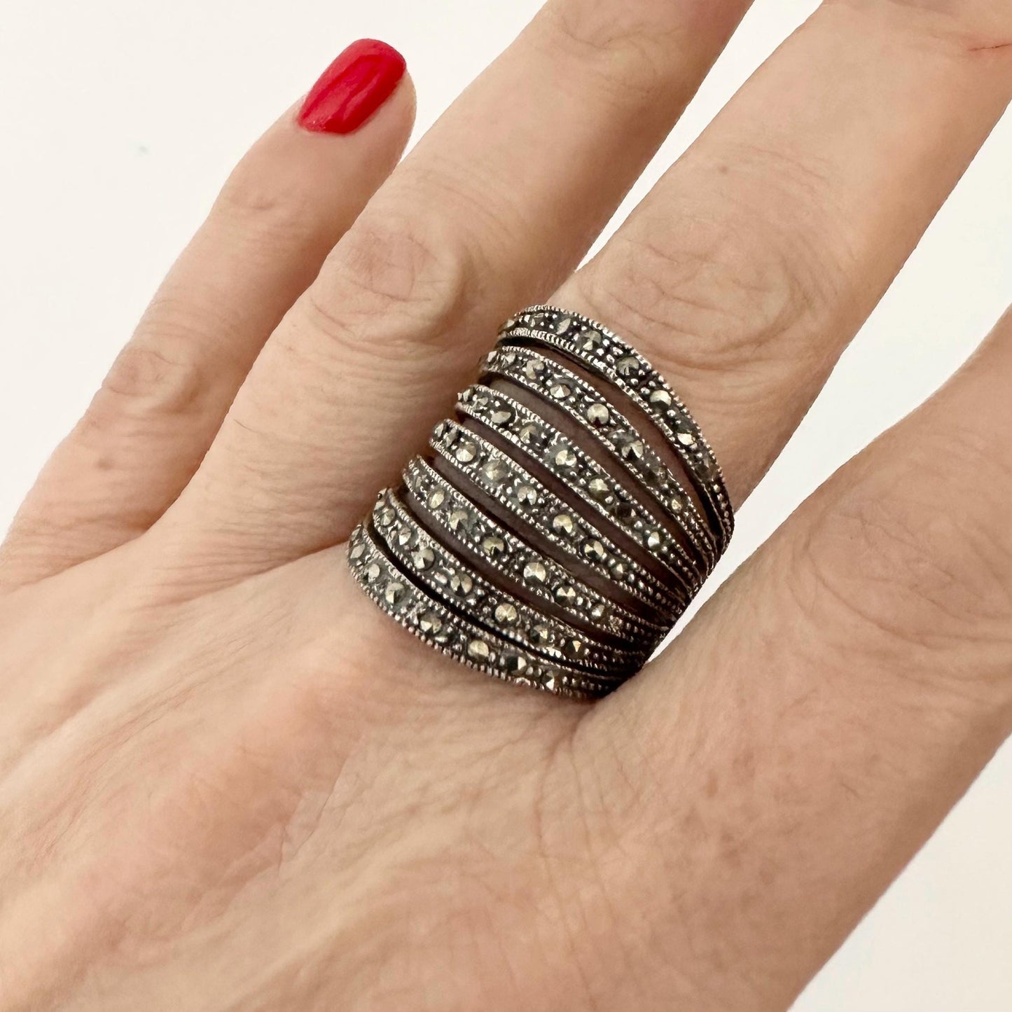 Wide Marcasite Band Ring Sterling Silver Multiple Tennis Statement Ring for Women by Garust