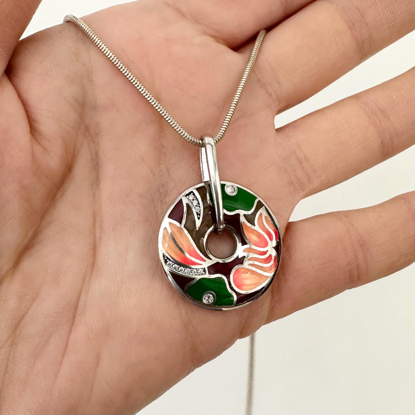 Sterling Silver Large Circle Pendant Necklace Colourful Enamel Floral Pendant Statement Multicolour Flower Jewelry Handmade gift Woman