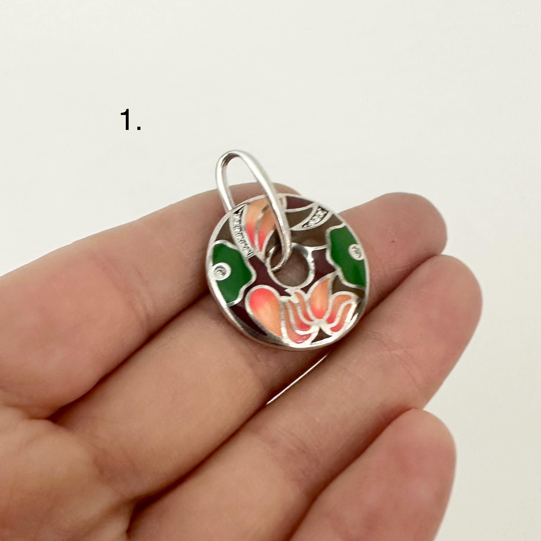 Sterling Silver Large Circle Pendant Necklace Colourful Enamel Floral Pendant Statement Multicolour Flower Jewelry Handmade gift Woman
