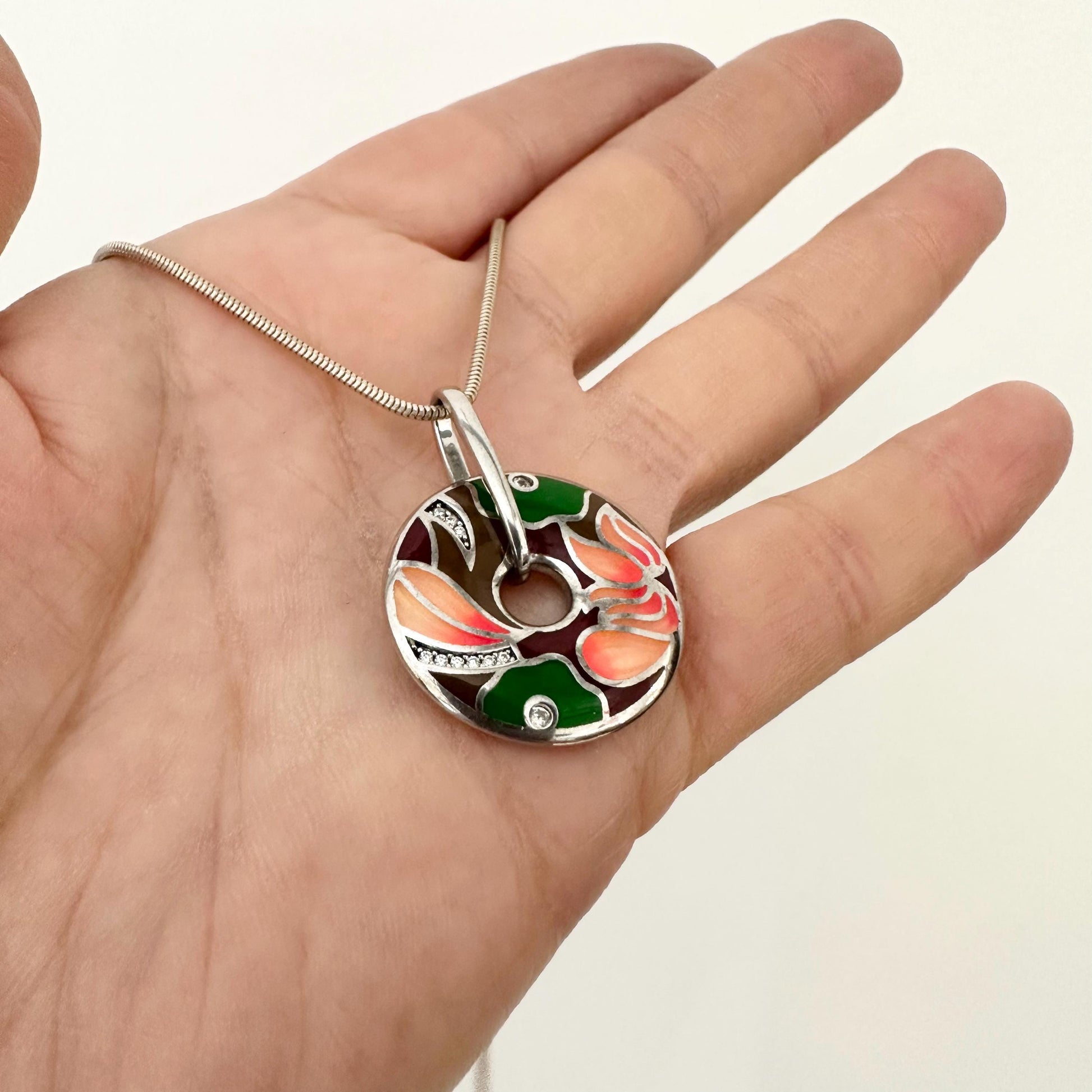 Sterling Silver Large Circle Pendant Necklace Colourful Enamel Floral Pendant Statement Multicolour Flower Jewelry Handmade gift Woman