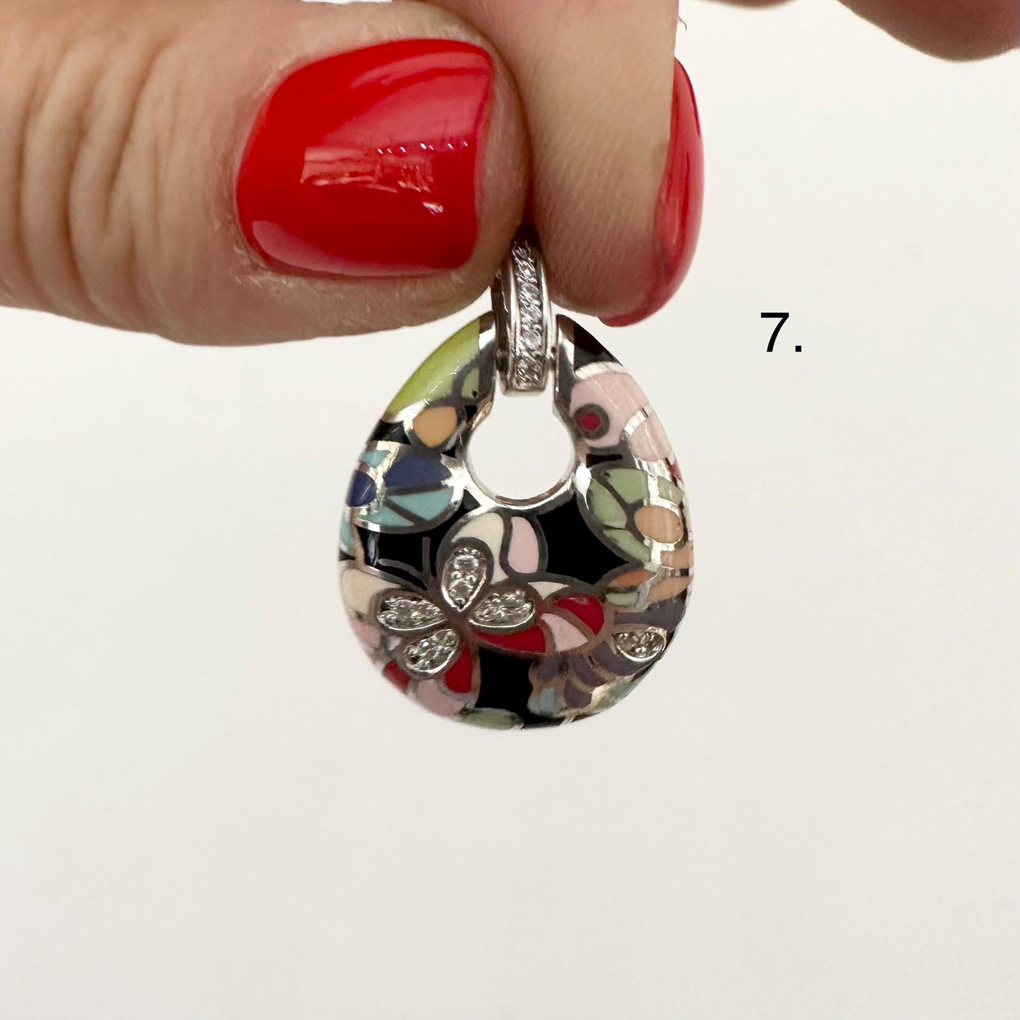 Sterling Silver Large Circle Pendant Necklace Colourful Enamel Floral Pendant Statement Multicolour Flower Jewelry Handmade gift Woman