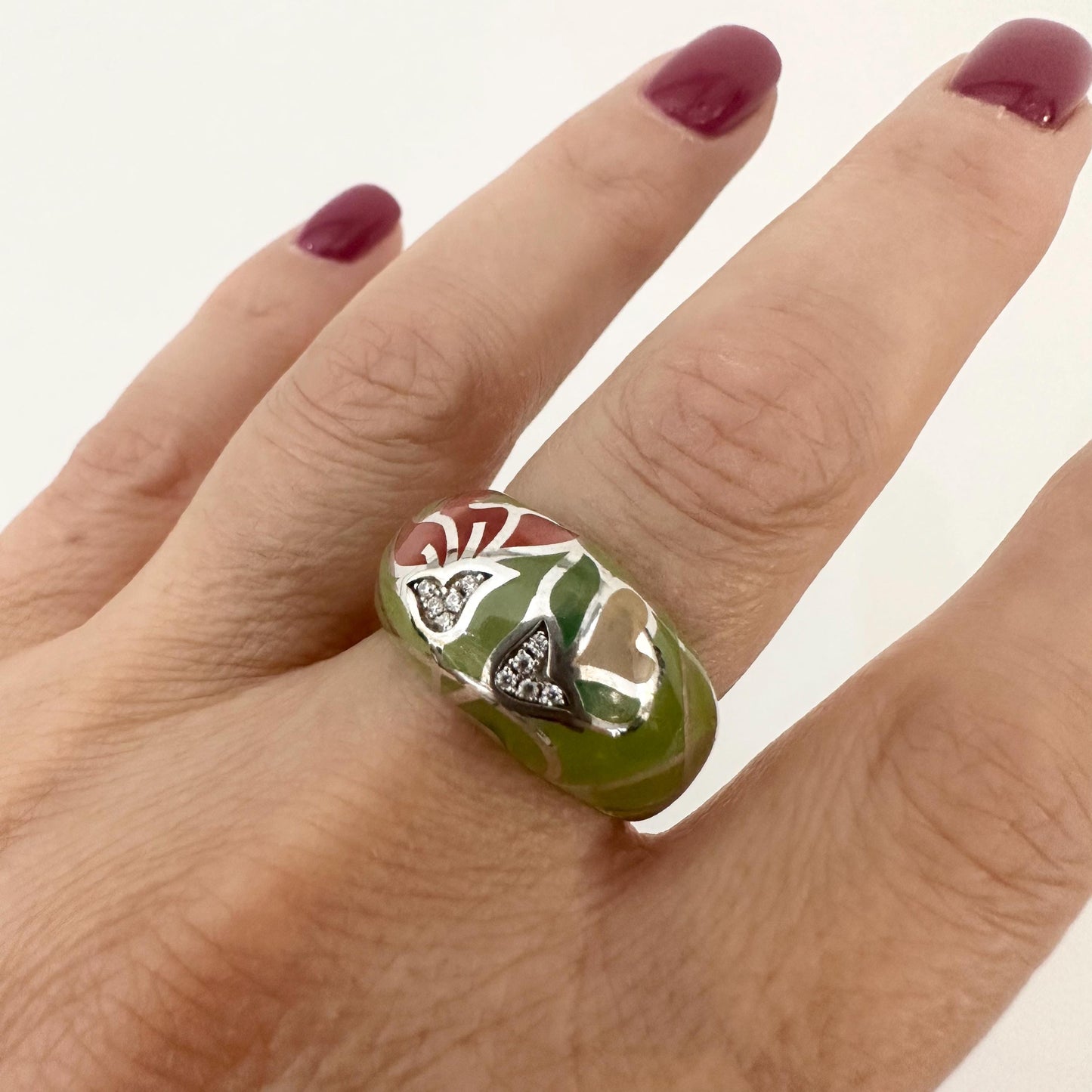 Silver Enamel Dome Ring Multicolour Floral Ring Boho Cocktail Ring Women by Garust
