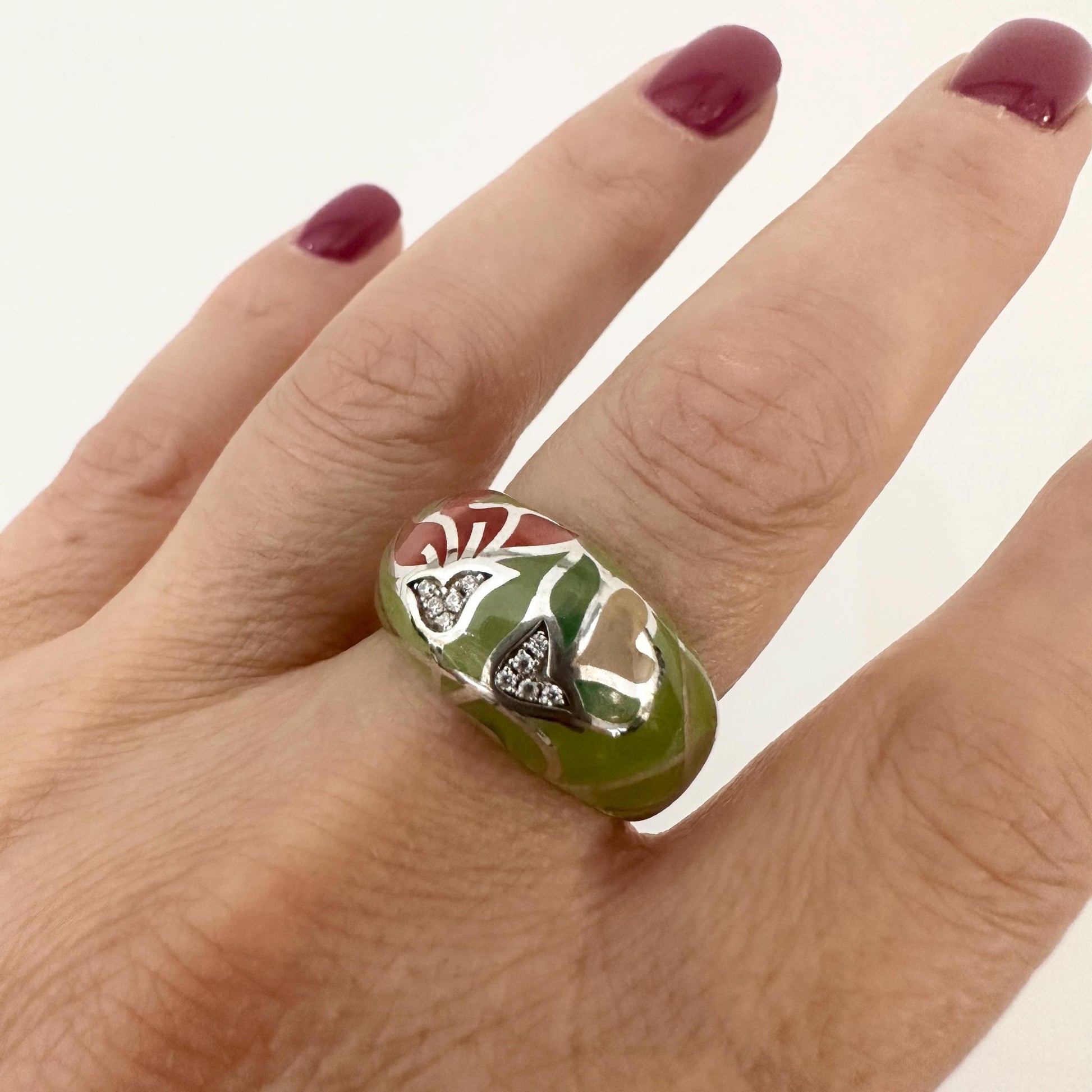 Silver Enamel Dome Ring Multicolour Floral Ring Boho Cocktail Ring Women by Garust