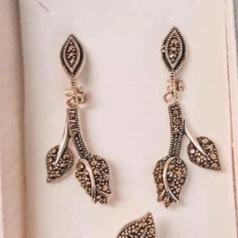 Sterling Silver Marcasite Rosebud Dangle Drop Earrings and Ring by Garust