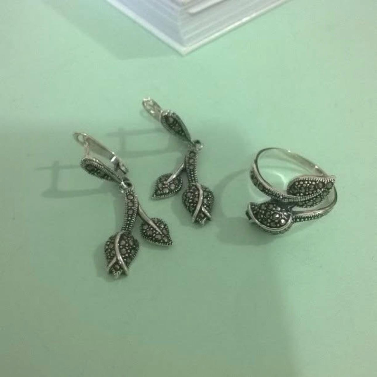 Sterling Silver 925 Marcasite Rosebud Dangle Drop Earrings and Ring Set by Garust