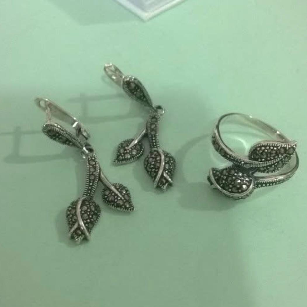 925 Sterling Silver Marcasite Rosebud Dangle Drop Earrings and Ring Set by Garust