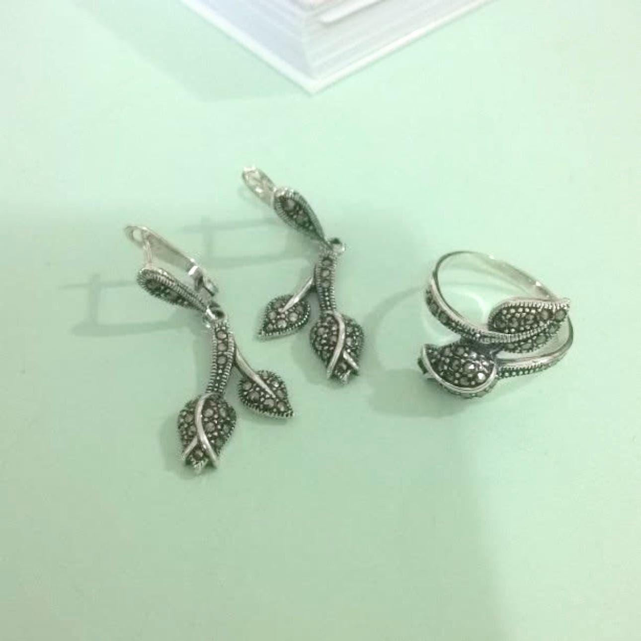 Sterling Silver Marcasite Rosebud Dangle Drop Earrings and Ring Set by Garust