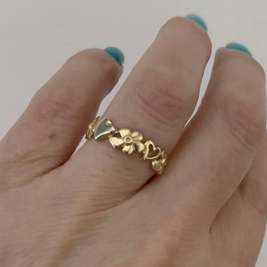 14k Real Gold Flowers and Hearts Ring Dainty Stackable Ring Minimalist Jewelry by Garust