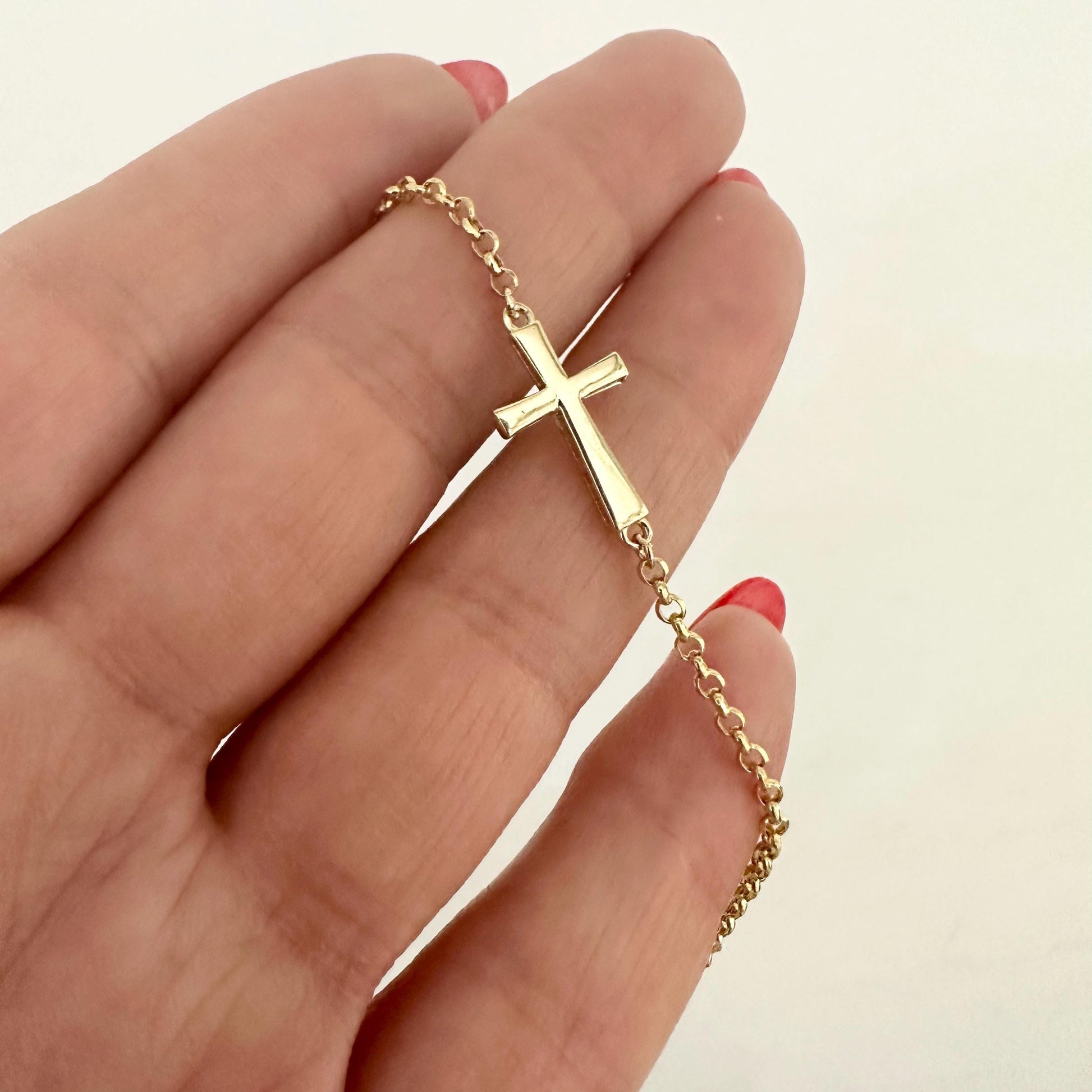 14k Solid Gold Cross Charm Chain Bracelet Tiny Delicate Cross Bracelet Minimalist Jewelry Stylish Dainty Chain Bracelet Gift Girlfriend