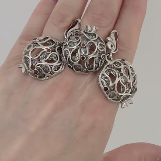 Armenian pomegranate jewelry Sterling Silver pomegranate earrings Boho statement ring Chunky jewelry set Lace overhead detail Ethnic fruit
