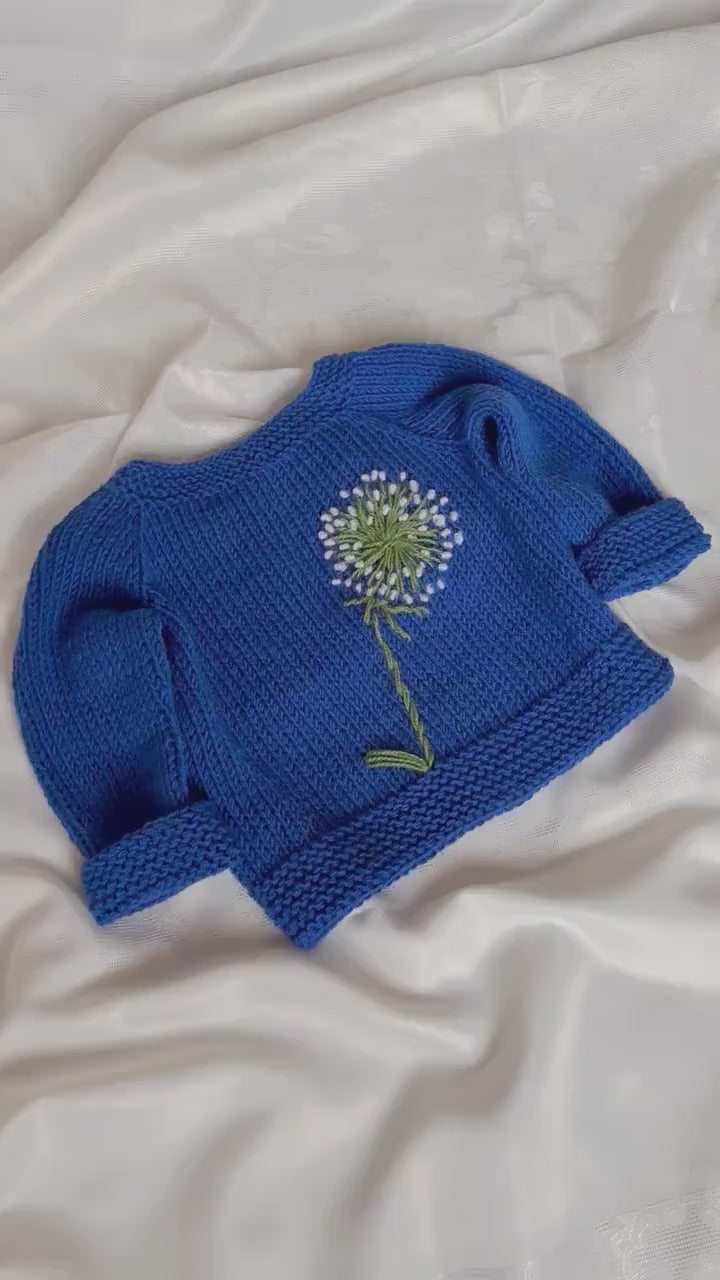 Baby hand embroidered dandelion sweater Knitted baby girl pullover all sizes Cute baby clothing handmade photo prop Unique baby shower gift