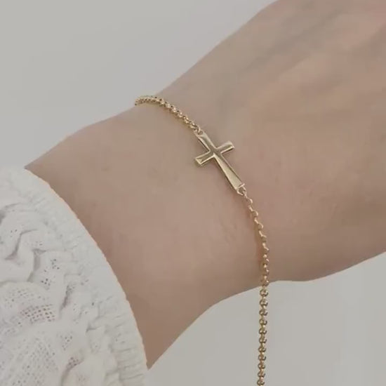 14k Solid Gold Cross Charm Chain Bracelet Tiny Delicate Cross Bracelet Minimalist Jewelry Stylish Dainty Chain Bracelet Gift Girlfriend