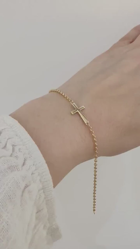 14k Solid Gold Cross Charm Chain Bracelet Tiny Delicate Cross Bracelet Minimalist Jewelry Stylish Dainty Chain Bracelet Gift Girlfriend