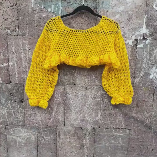 CROCHET PATTERN Top Crochet Sleeves sweater Long sleeve crop top ruffle top pattern Puffy sleeves jumper Cropped sweater Mesh top women
