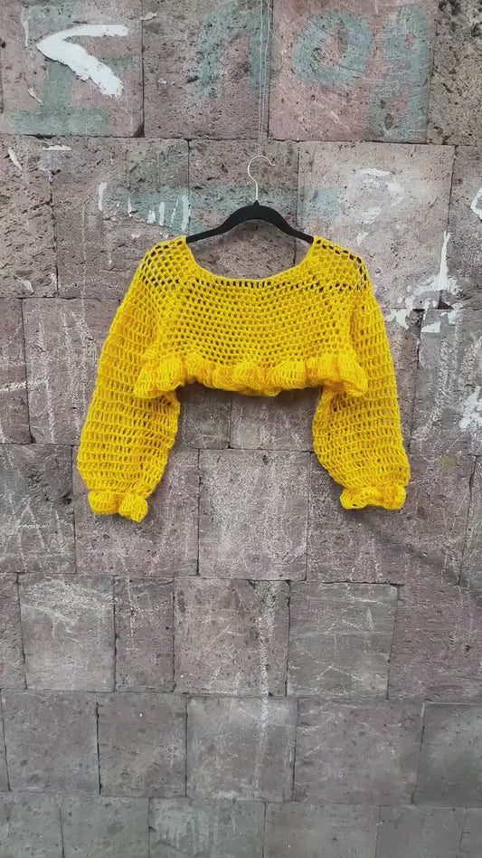 CROCHET PATTERN Top Crochet Sleeves sweater Long sleeve crop top ruffle top pattern Puffy sleeves jumper Cropped sweater Mesh top women